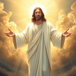 A heavenly and inspiring image of Jesus Christ dressed in a bright white robe, illuminated by divine light