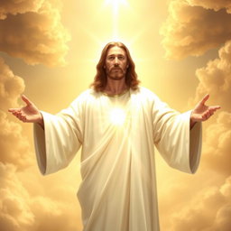 A celestial and inspiring image of Jesus Christ wearing a bright, shimmering white robe, illuminated by a divine light