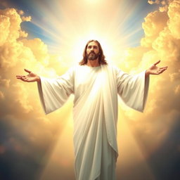 A celestial and inspiring image of Jesus Christ wearing a bright, shimmering white robe, illuminated by a divine light