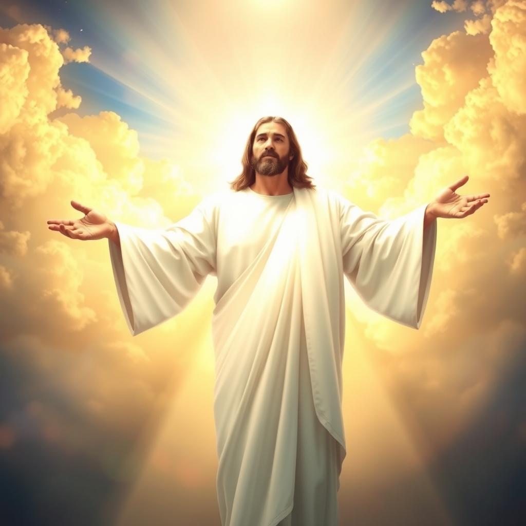 A celestial and inspiring image of Jesus Christ wearing a bright, shimmering white robe, illuminated by a divine light