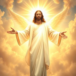 A celestial and inspiring image of Jesus Christ wearing a bright, shimmering white robe, illuminated by a divine light