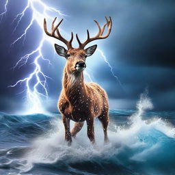 An electrifying image of Rudolph the red-nosed reindeer courageously rising from the depths of the tumultuous ocean, with dramatic flashes of lightning in the background.