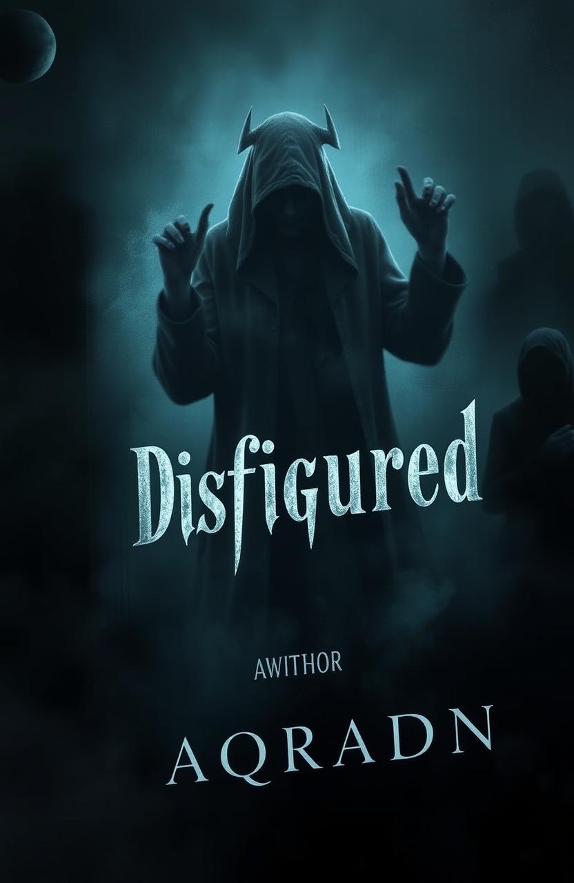 A stunning book cover design with a mysterious atmosphere, featuring eerie and captivating visuals that align with the title "Disfigured" and the author's name "Aqradn"