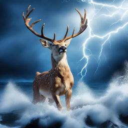 An electrifying image of Rudolph the red-nosed reindeer courageously rising from the depths of the tumultuous ocean, with dramatic flashes of lightning in the background.