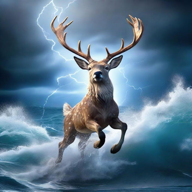 An electrifying image of Rudolph the red-nosed reindeer courageously rising from the depths of the tumultuous ocean, with dramatic flashes of lightning in the background.