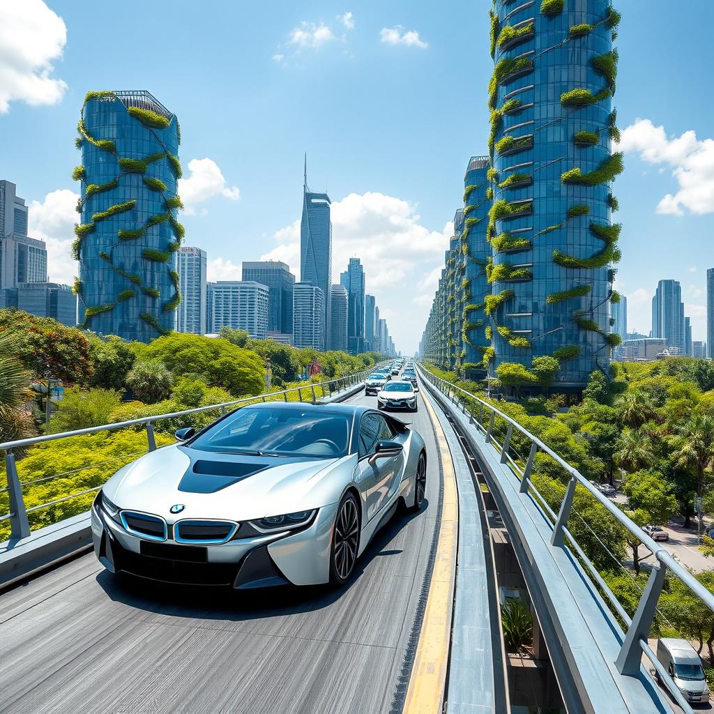 A futuristic cityscape featuring multiple sleek silver BMW i8 cars utilizing magnetic levitation technology