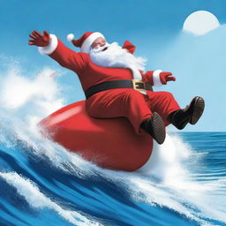 Santa Claus fearlessly riding a speeding torpedo, his red suit vividly contrasting against the cool blue ocean backdrop.