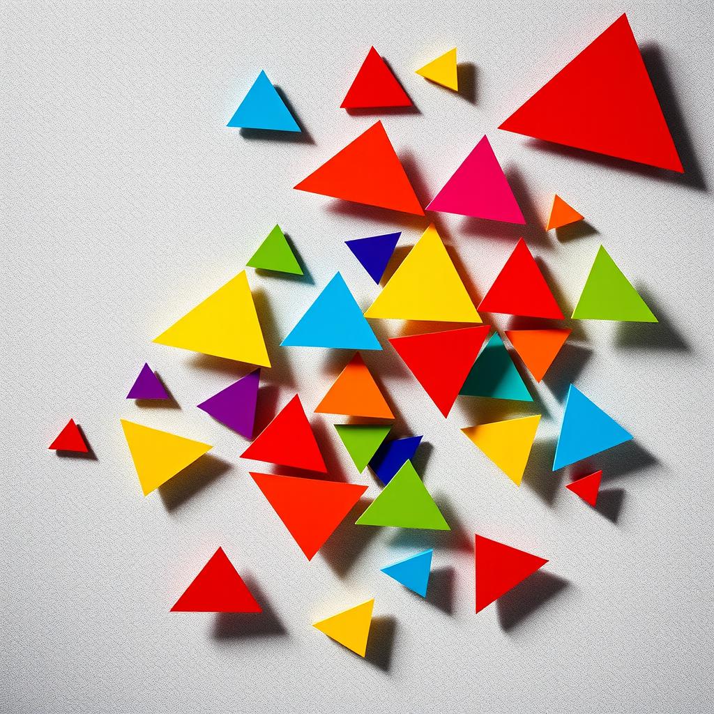 An artistic composition of colorful triangles in various sizes, arranged dynamically on a textured background