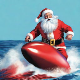 Santa Claus fearlessly riding a speeding torpedo, his red suit vividly contrasting against the cool blue ocean backdrop.