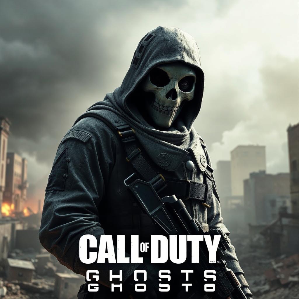 A striking scene from Call of Duty: Ghosts featuring the iconic Ghost character in his tactical gear, showcasing his skull-patterned mask and military outfit