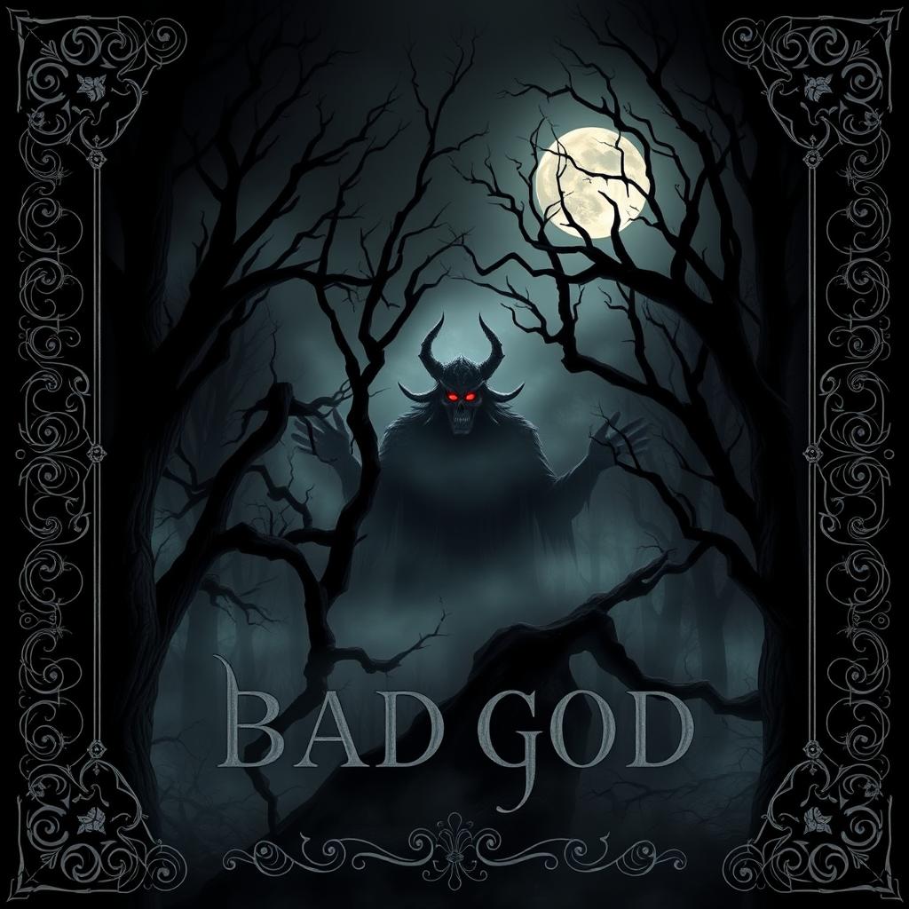 A dark cover book design featuring an ominous forest shrouded in mist and shadows