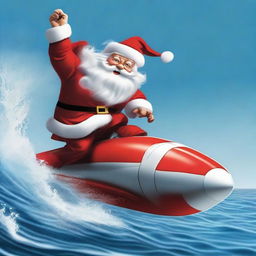 Santa Claus fearlessly riding a speeding torpedo, his red suit vividly contrasting against the cool blue ocean backdrop.