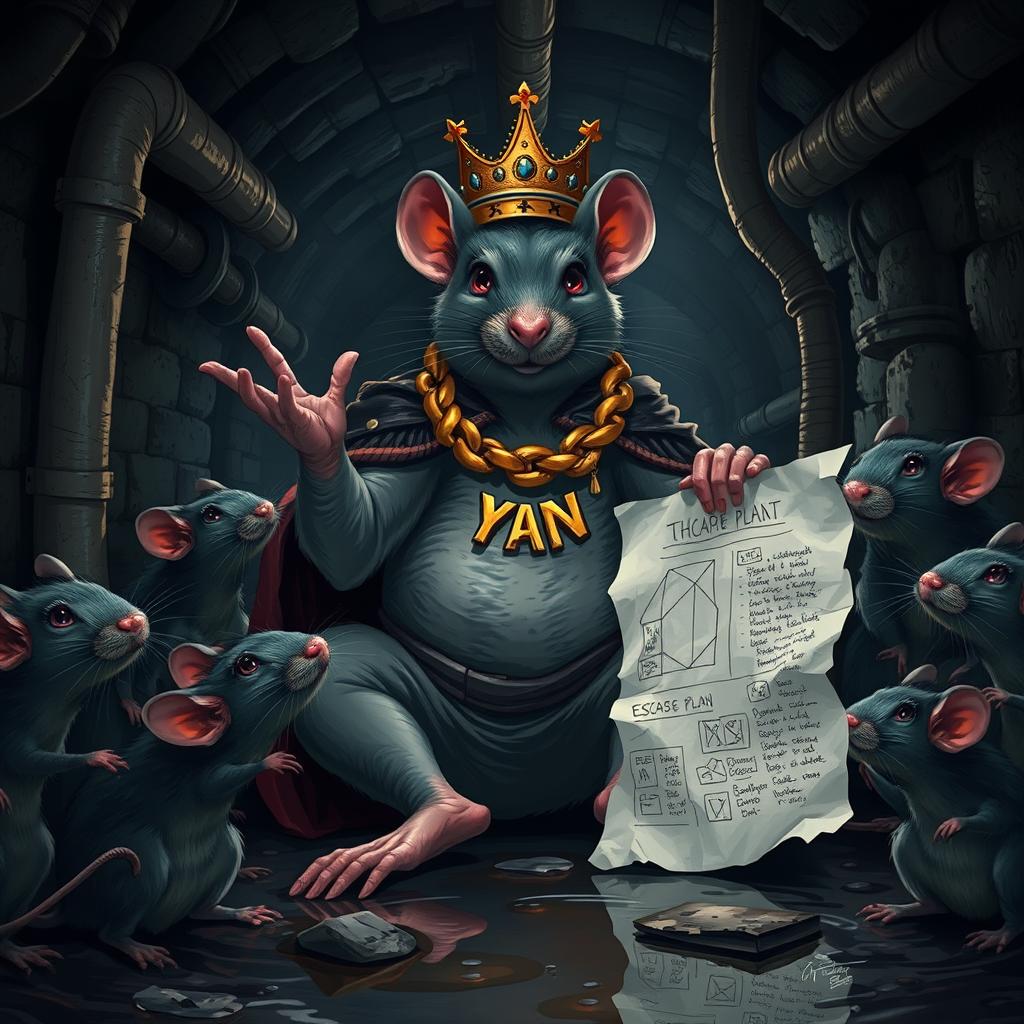 A regal rat resembling a king, sitting confidently amidst the dark, damp environment of the sewers