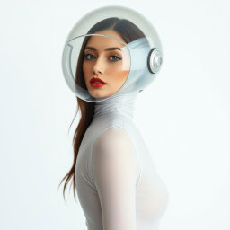 A beautiful woman depicted from the hips up, wearing a very tight colorless sheer latex catsuit that clings to her form