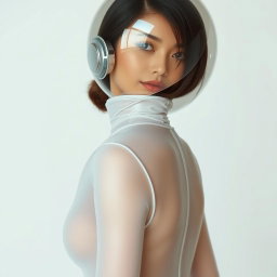 A beautiful woman depicted from the hips up, wearing a very tight colorless sheer latex catsuit that clings to her form