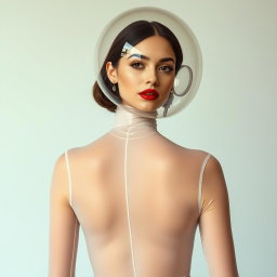 A beautiful woman depicted from the hips up, wearing a very tight colorless sheer latex catsuit that clings to her form