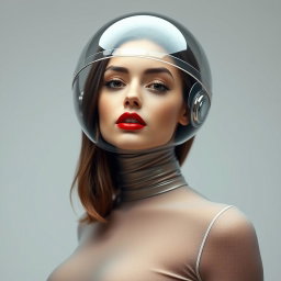 A beautiful woman depicted from the hips up, wearing a very tight colorless sheer latex catsuit that clings to her form