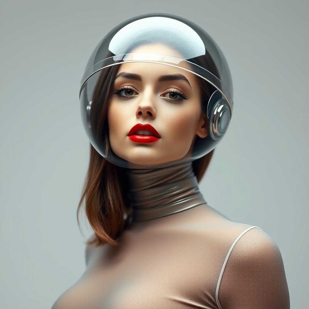 A beautiful woman depicted from the hips up, wearing a very tight colorless sheer latex catsuit that clings to her form