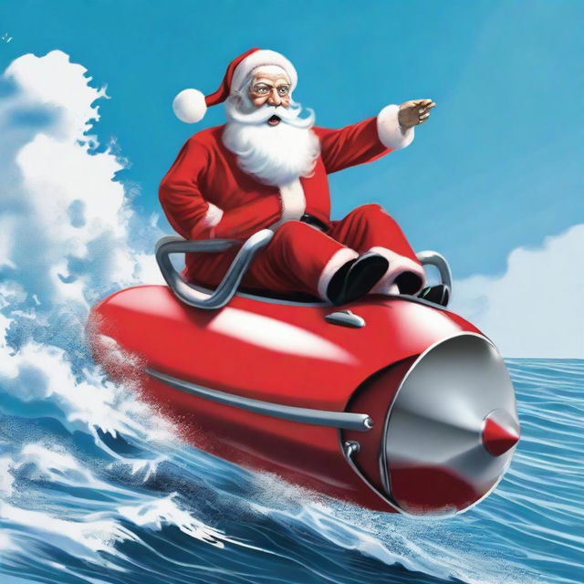 Santa Claus fearlessly riding a speeding torpedo, his red suit vividly contrasting against the cool blue ocean backdrop.