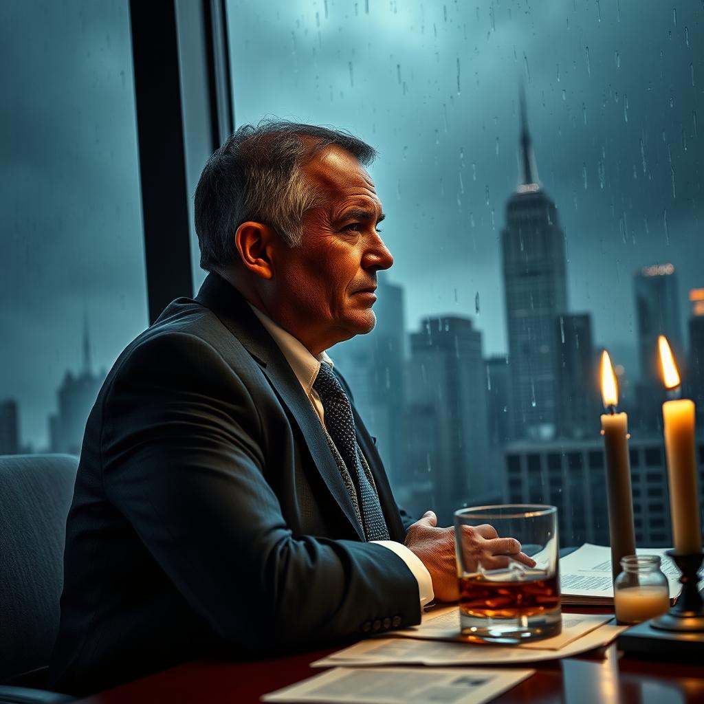 A dark and intense scene featuring a middle-aged male executive in a tailored dark suit, looking troubled and conflicted as he stares out of a rain-soaked office window