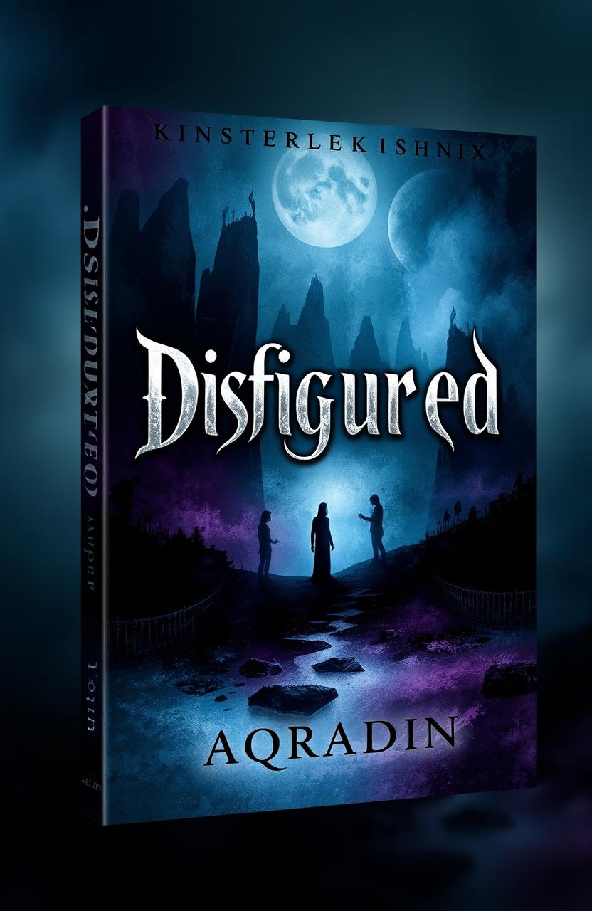 A stunning book cover designed with a mysterious atmosphere, featuring an abstract, dark landscape with shadowy figures and ethereal elements that evoke curiosity