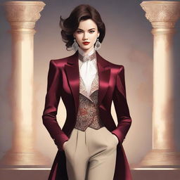 A digital art image portraying a confident character in a stylish, yet tastefully elegant outfit