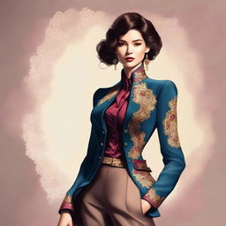 A digital art image portraying a confident character in a stylish, yet tastefully elegant outfit