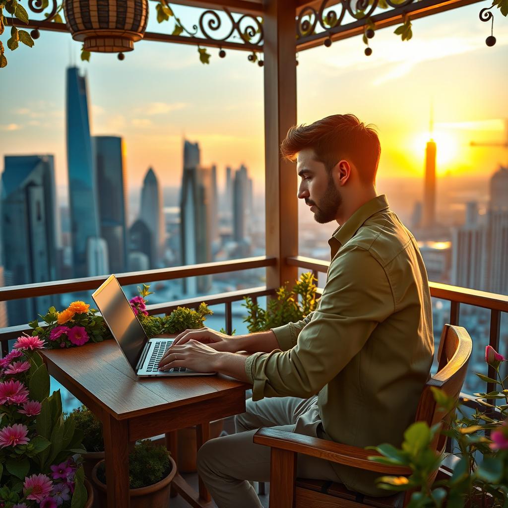A young man sitting at a wooden desk on a balcony, working intently on a sleek laptop
