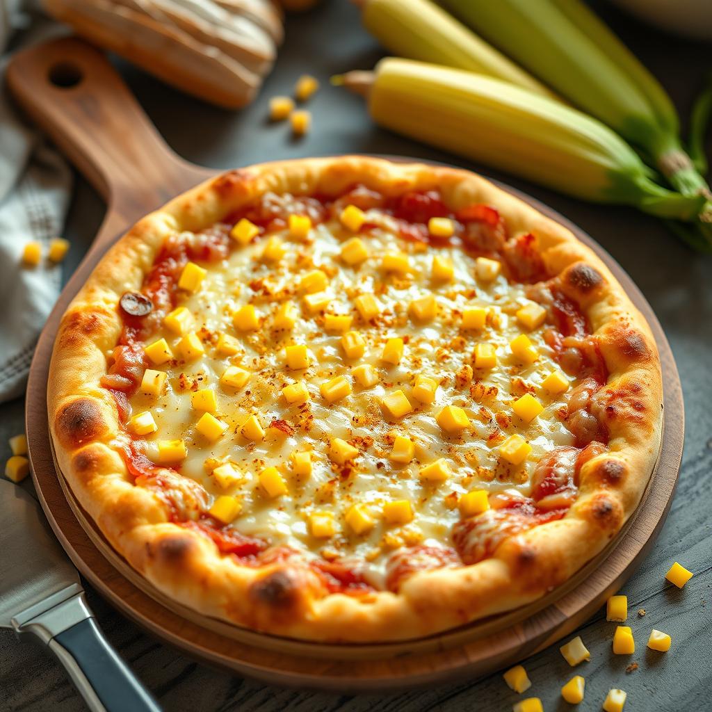 An 8-inch pizza featuring a perfectly baked cheesy crust that's golden and crispy, generously covered in melted cheese and sprinkled with vivid yellow sweet corn kernels