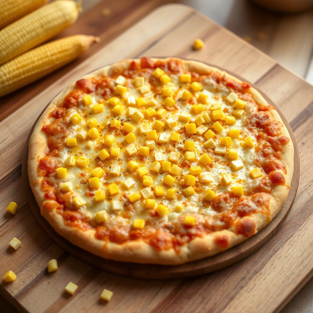 An 8-inch pizza featuring a mouth-watering cheesy crust that is golden and perfectly baked, topped generously with a layer of melted cheese and vibrant bright yellow sweet corn kernels