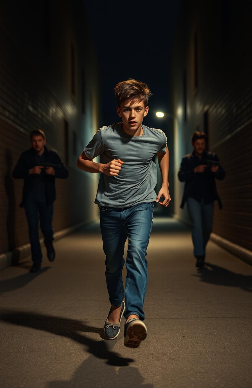 A tall, slim 18-year-old boy in a casual t-shirt, denim jeans, and sneakers, sprinting energetically down a dimly lit alley at night