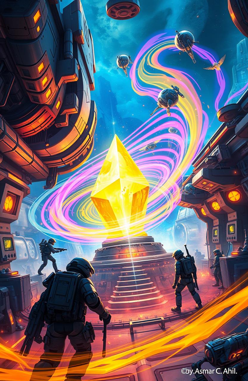 A vibrant and dynamic science fiction scene illustrating advanced military technology and the mystical yellow crystal from 'Shards of Life Venture Beyond Time' by Asmar C