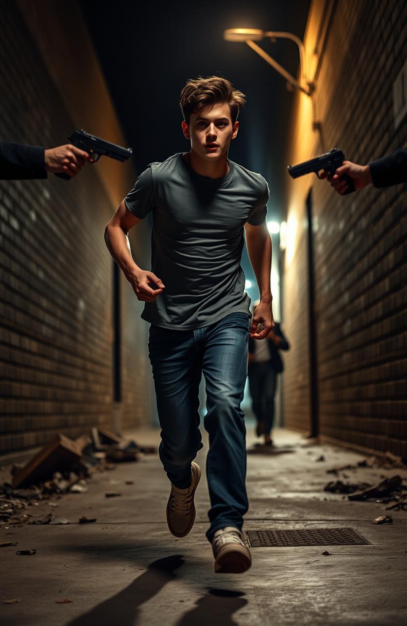 A tall, slim eighteen year old boy named Pedro Catalão Moura, wearing a casual t-shirt, denim jeans, and sneakers, is depicted running in a dark alley at night