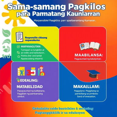 A vibrant and engaging poster titled 'Sama-samang Pagkilos para sa Pambansang Kaunlaran', featuring four distinct quadrants, each illustrating the core values of responsible citizenship, skill development, national pride, and education