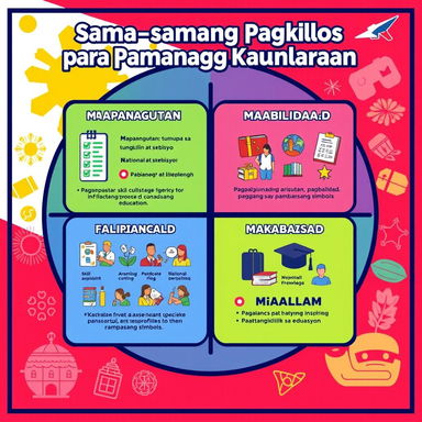 A vibrant and engaging poster titled 'Sama-samang Pagkilos para sa Pambansang Kaunlaran', featuring four distinct quadrants, each illustrating the core values of responsible citizenship, skill development, national pride, and education