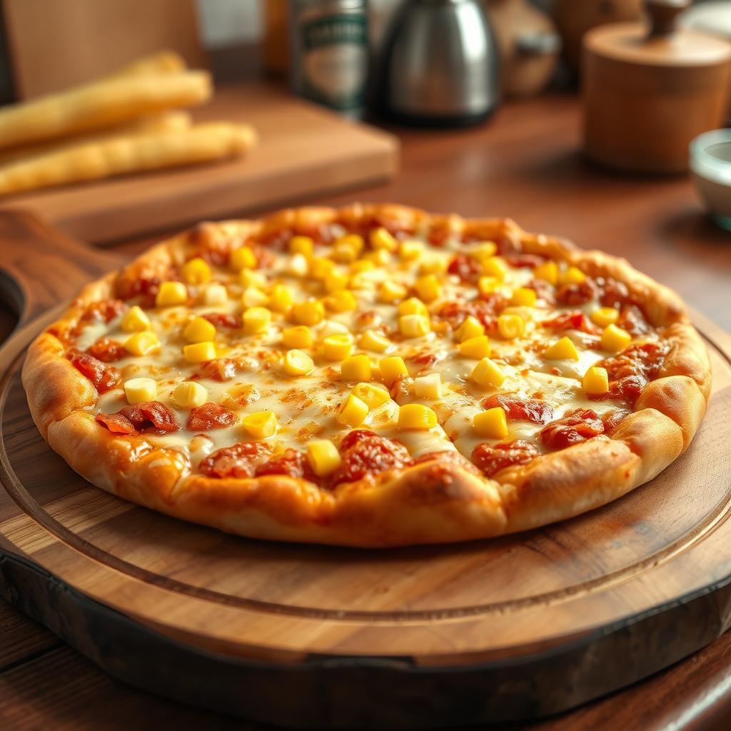 An 8-inch pizza featuring a golden, cheesy crust that is perfectly baked, adorned with an abundance of melted cheese and sprinkled with bright yellow sweet corn kernels for a delightful burst of flavor
