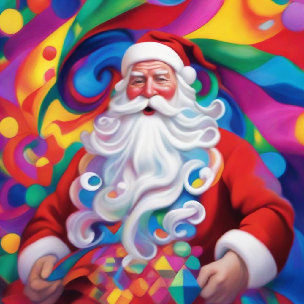 A vibrant portrait of Santa Claus with a swirling, colorful, kaleidoscope-like background.