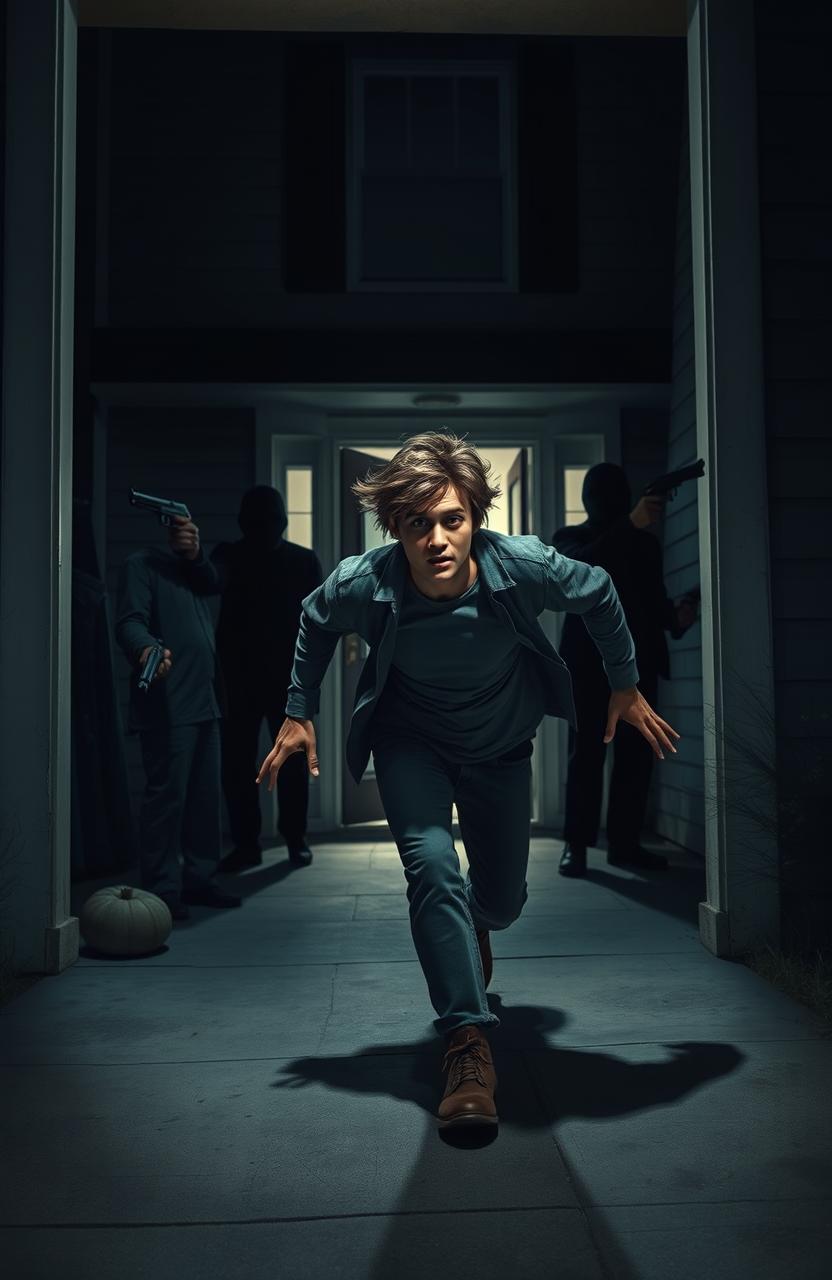 A dramatic nighttime scene depicting a terrified young man, aged eighteen, sprinting away from his home door, his expression one of panic and fear