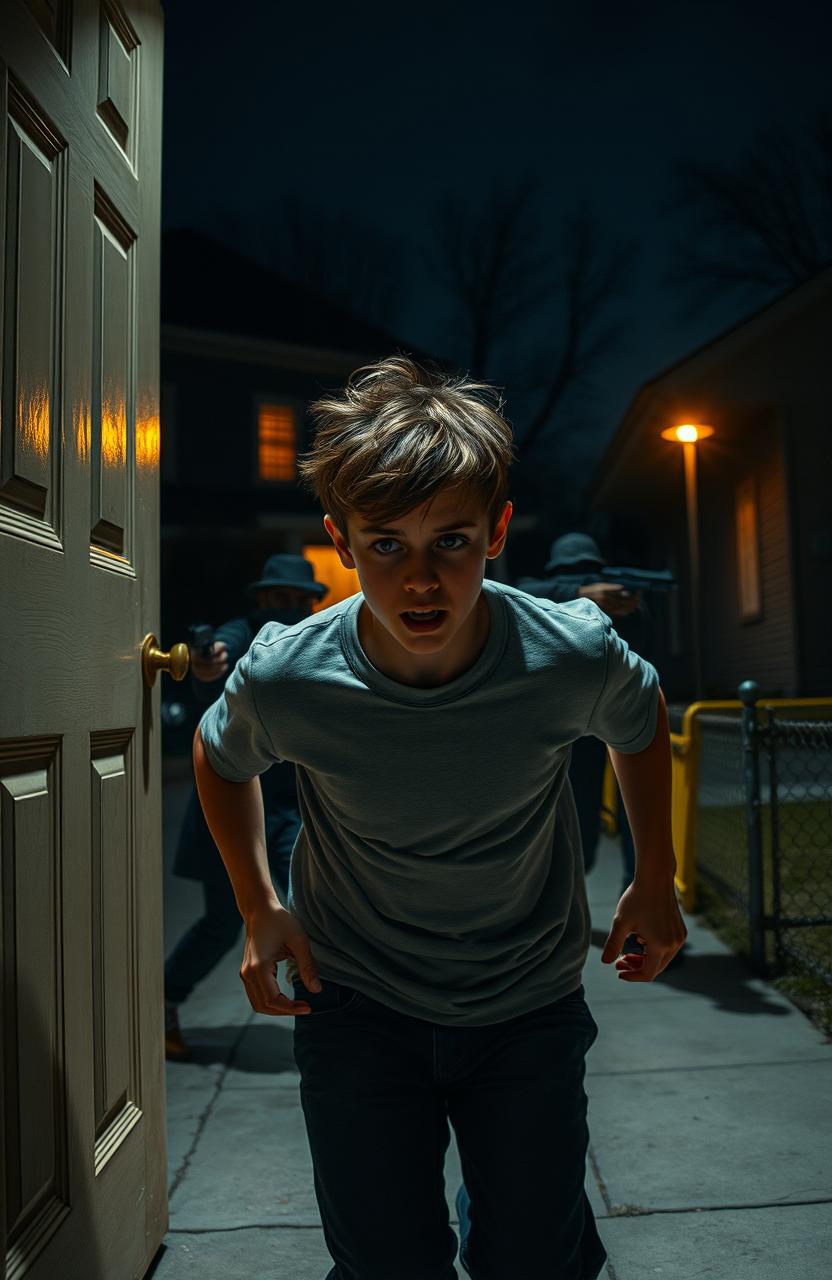 A tense and dramatic scene depicting an 18-year-old boy running away from a door at night, his expression filled with fear and urgency