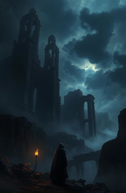 A dark and mysterious fantasy landscape featuring towering ancient ruins shrouded in mist, with a dimly lit sky filled with swirling clouds