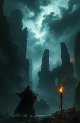 A dark and mysterious fantasy landscape featuring towering ancient ruins shrouded in mist, with a dimly lit sky filled with swirling clouds