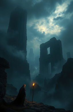 A dark and mysterious fantasy landscape featuring towering ancient ruins shrouded in mist, with a dimly lit sky filled with swirling clouds