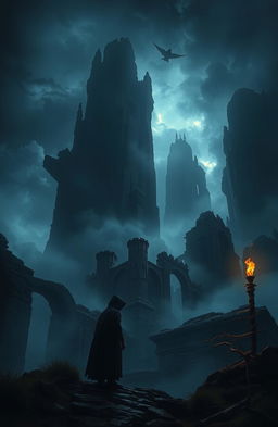A dark and mysterious fantasy landscape featuring towering ancient ruins shrouded in mist, with a dimly lit sky filled with swirling clouds