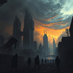 A chilling and atmospheric depiction of a modern world collapsing into chaos, featuring dark, mysterious landscapes