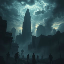 A chilling and atmospheric depiction of a modern world collapsing into chaos, featuring dark, mysterious landscapes