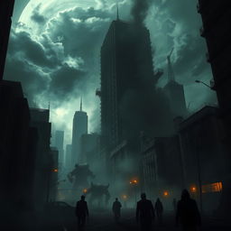 A chilling and atmospheric depiction of a modern world collapsing into chaos, featuring dark, mysterious landscapes