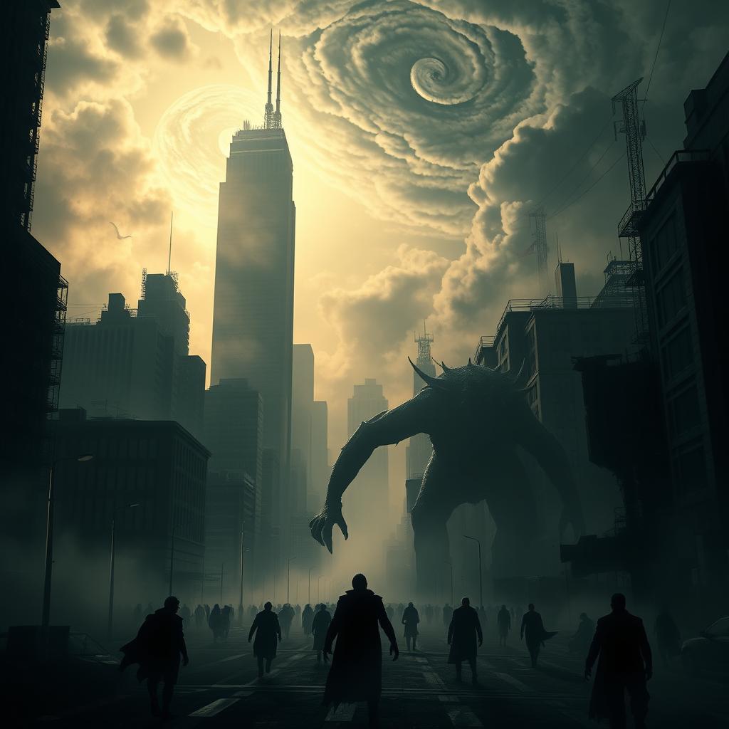 A chilling and atmospheric depiction of a modern world collapsing into chaos, featuring dark, mysterious landscapes