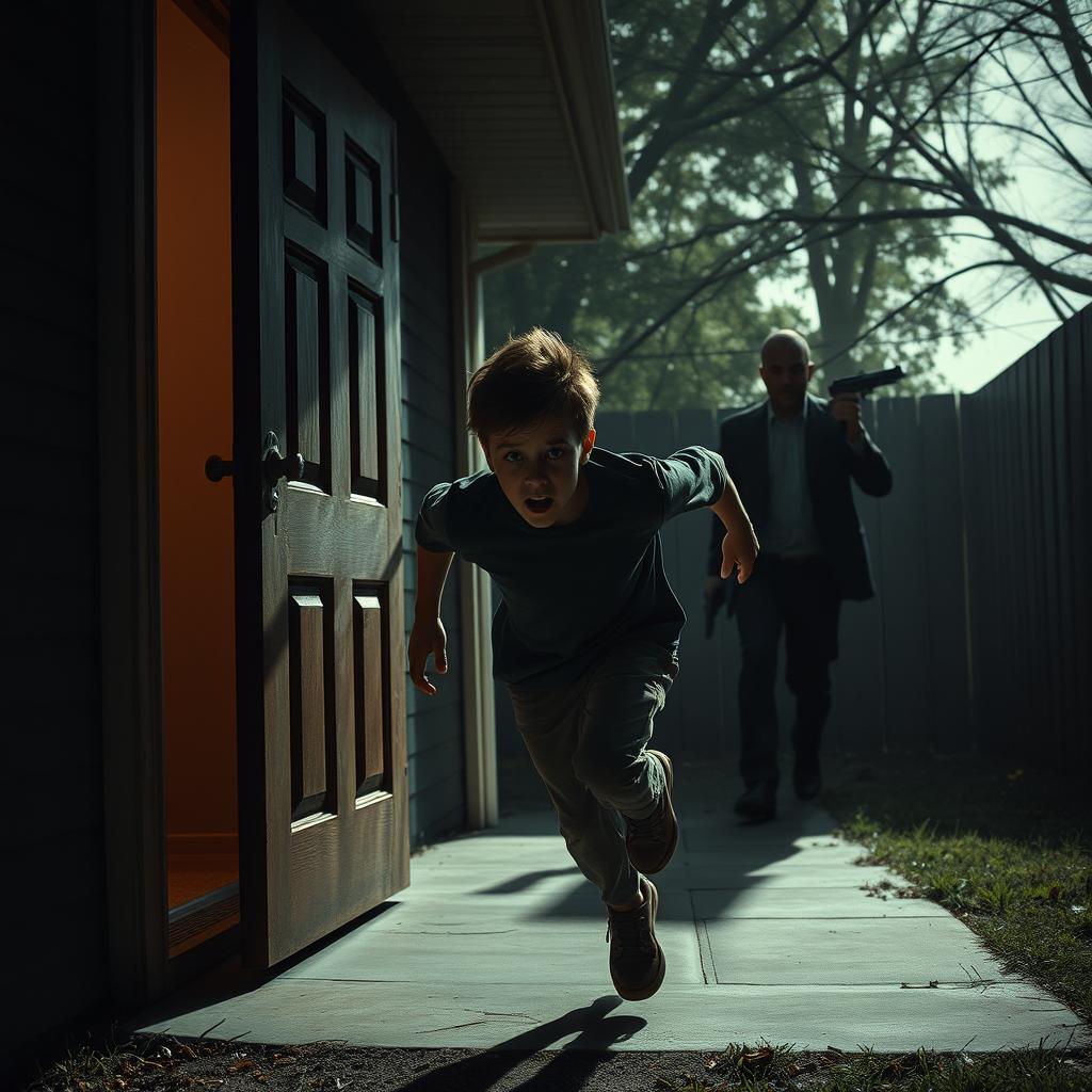 An intense scene depicting an 18-year-old boy sprinting out of a back house door, with a look of fear and desperation on his face