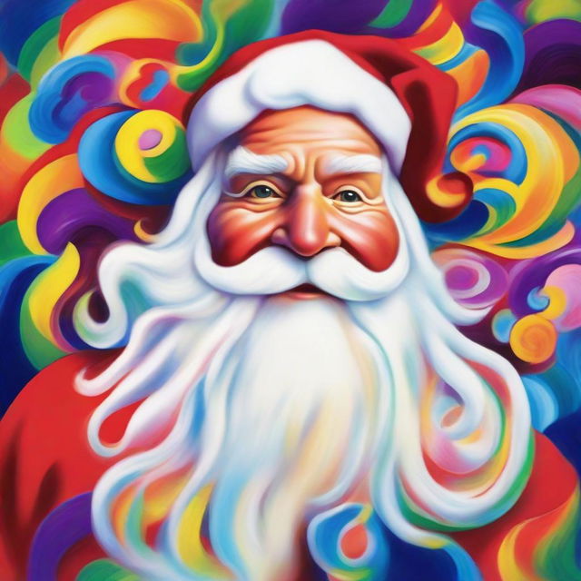 A vibrant portrait of Santa Claus with a swirling, colorful, kaleidoscope-like background.