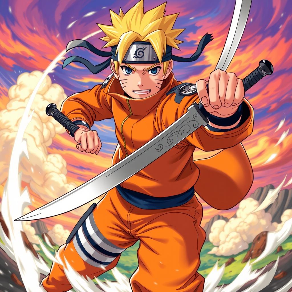 A dynamic illustration of Naruto Uzumaki from the anime Naruto, depicted in an action pose wielding a sword